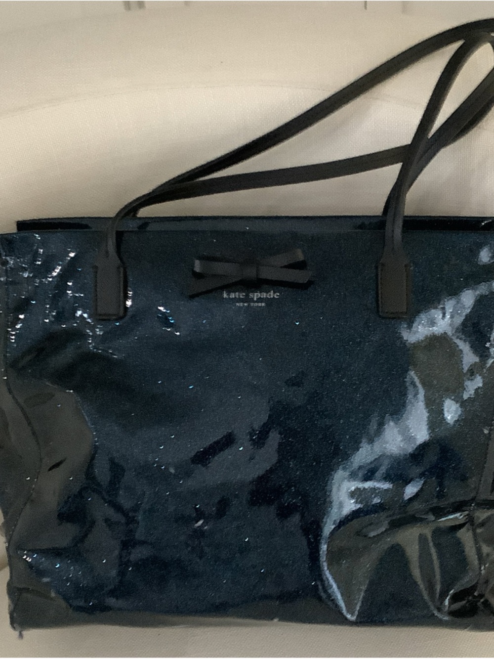 Kate Spade Navy Blue Glitter Tote Bag Black Bow Sparkle